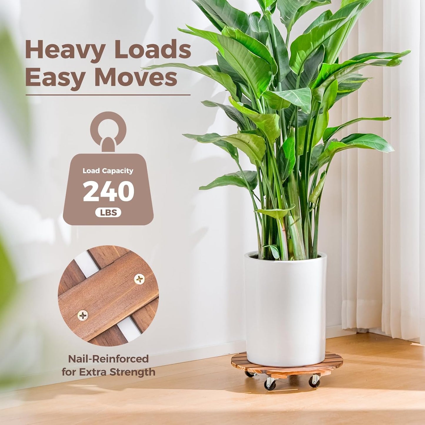 Bamworld Plant Stand Outdoor Rolling Tray Plant Caddy with Wheels 12in