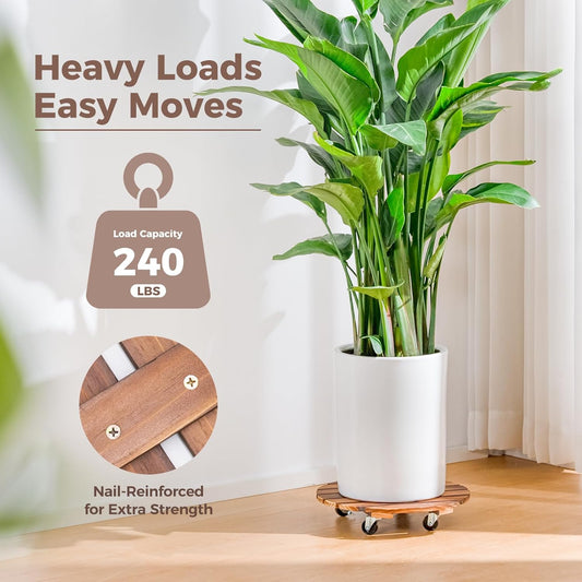 Bamworld Plant Stand Outdoor Rolling Tray Plant Caddy with Wheels 12in