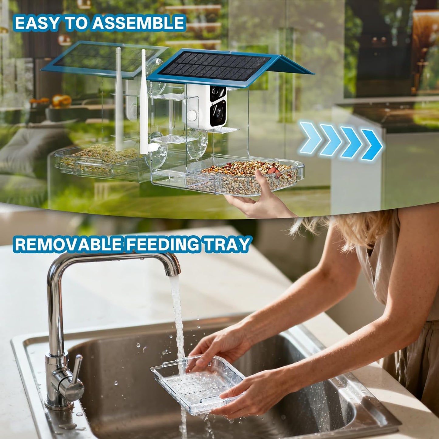 Smart Bird Feeder with Camera Solar Powered, 2.4Ghz/5Ghz WiFi Instant Notifications Smart Window Bird Feeder for Outdoor, 2K HD AI Identify Birds SpeciesGifts for BirdLovers Kids Grandparents