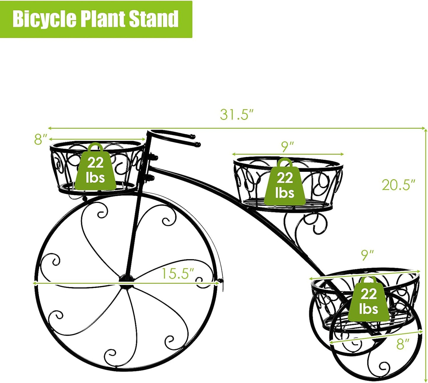Bicycle Planter, Flower Pot Stand with 3 Decorative Wheels, 3 Collection Baskets, Metal Steel Frame, Tricycle Plant Stand for Outdoor, Indoor, Home, Balcony, Patio, Garden, Backyard