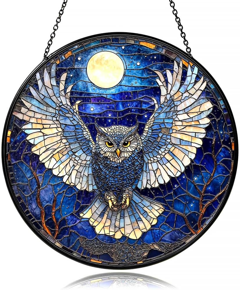 Owl Suncatcher - Moonlit Stained Glass Window Hanging Decor for Nature