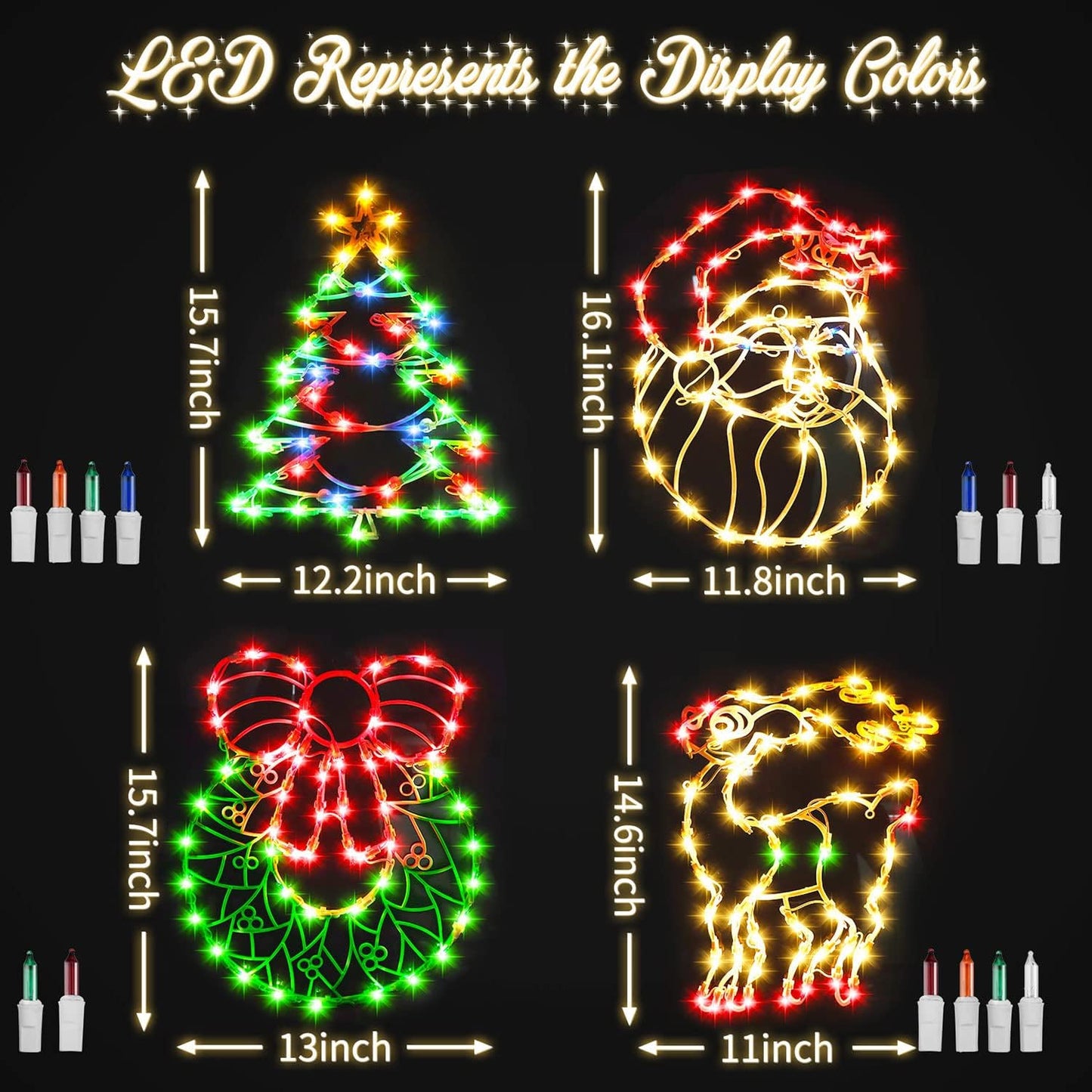 SANEIYA 16 Inch Christmas Window Silhouette Lights Decorations, 4 Pack Waterproof Window Hanging Lights Elk, Christmas Tree, Santa Claus, Wreaths for Party, Home Indoor Outdoor Wall - 200 Mini Bulbs