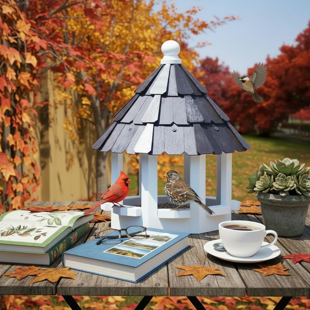 2026 XL Gazebo Bird Feeder for Outside Post, Water Proof Shingle Thick Metal Roof Bird House Birdfeeder for Post Mount, Flythrough Style Black 10 Lbs Capacity 15" x 15" x22" Without Post