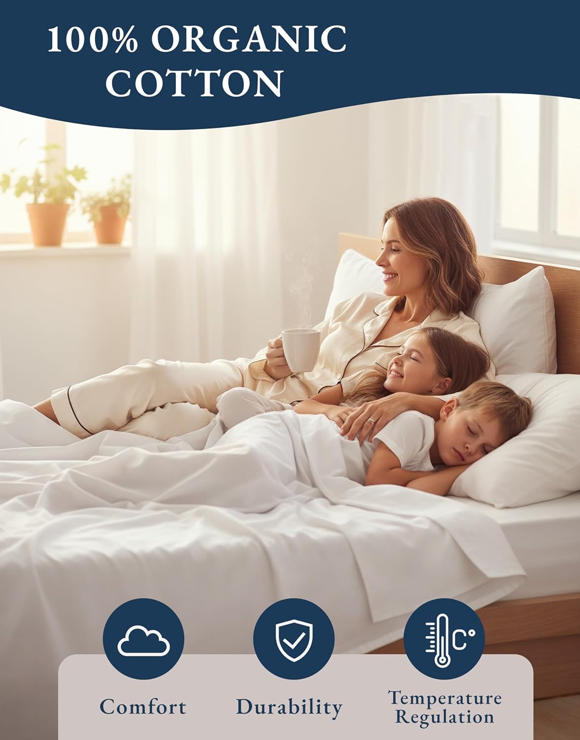LANE LINEN Eco Friendly 100% Organic Cotton Queen Sheet Set, Soft & Comfy Fully Elasticized 15" Deep Pocket Bed Sheets, Low Pill Naturally Cooling Machine Wash Sábanas Queen- White Bed Sheets