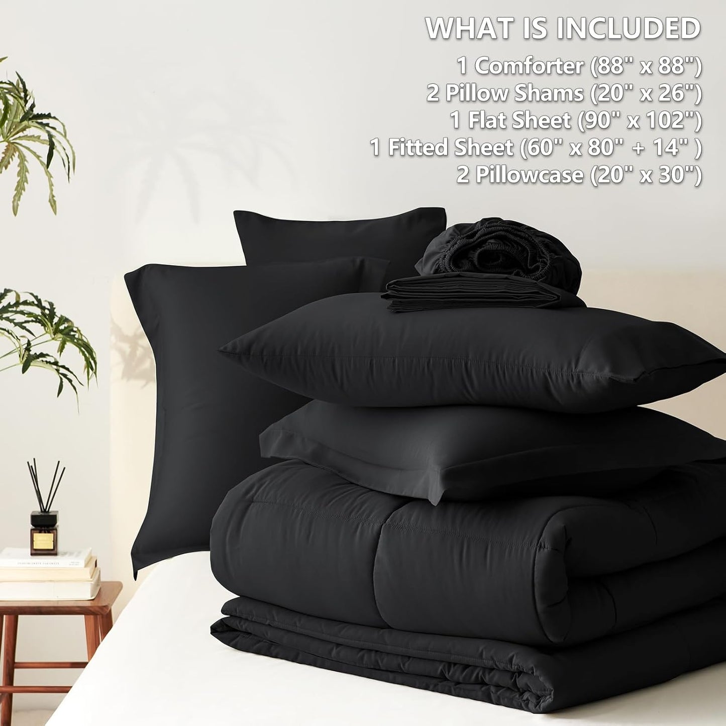 CozyLux Queen Comforter Set Black - 7 Pieces Bed in a Bag Queen, All Season Soft Bedding Set, Oeko-Tex Certified Bed Set with Down Alternative Comforter, Sheets, Pillowcases & Pillow Shams