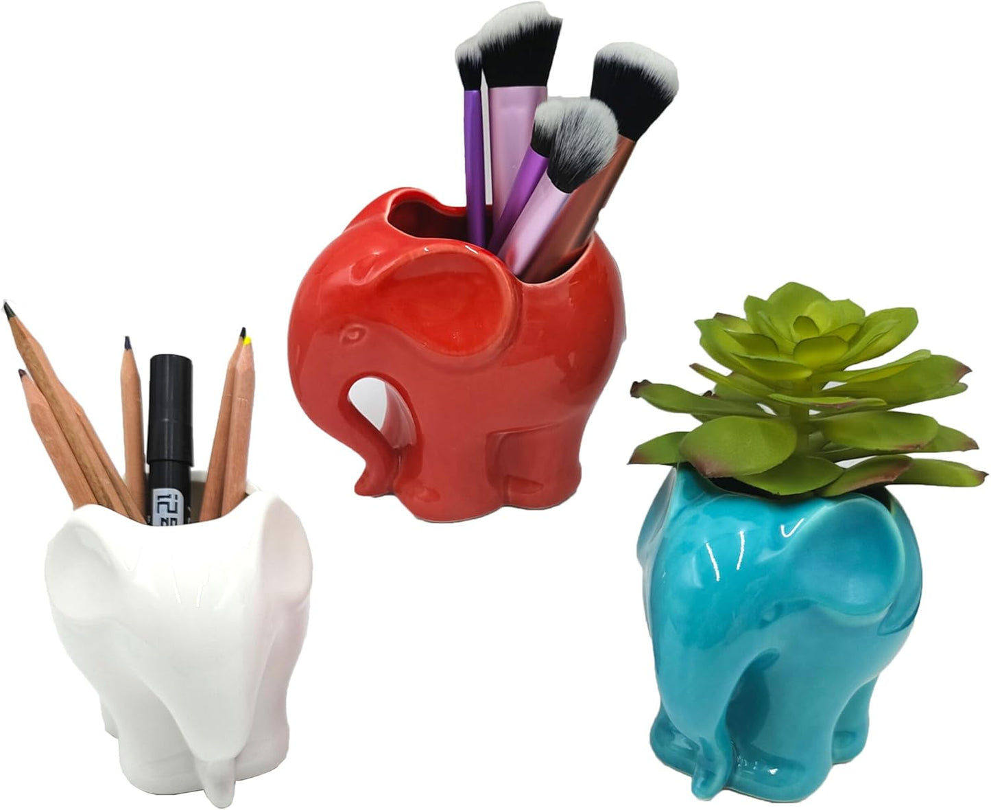 Blue Elephant Succulent Planter with Drainage Hole, Cute Makeup Brush Organizer Toothbrush Holder Pen Pencil Holder for Kids Desk, Elephant Gifts for Women