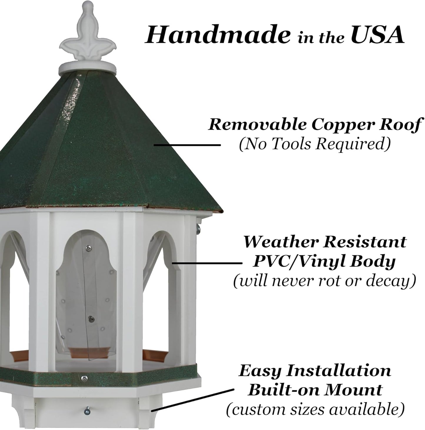 Wild Bird Feeder Solid Cellular PVC Patina Copper Roof (F8V) Made in T