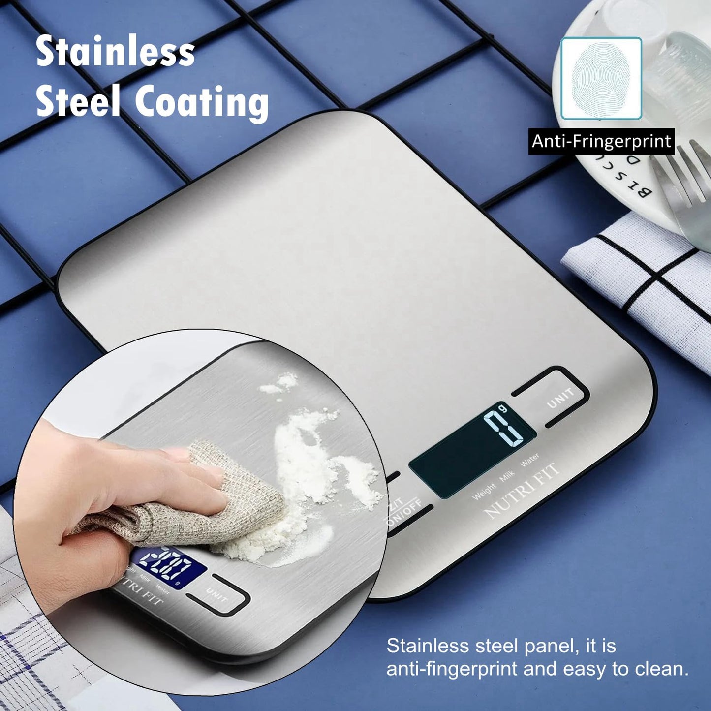 Food Scale, Kitchen Scales Digital Weight Food Grams and Ounces for Weight Loss Baking Cooking of NUTRI FIT, Max 11lb 1g Increment, Backlight LCD Smart Tare Stainless Steel, Easy to Use, AAA Battery
