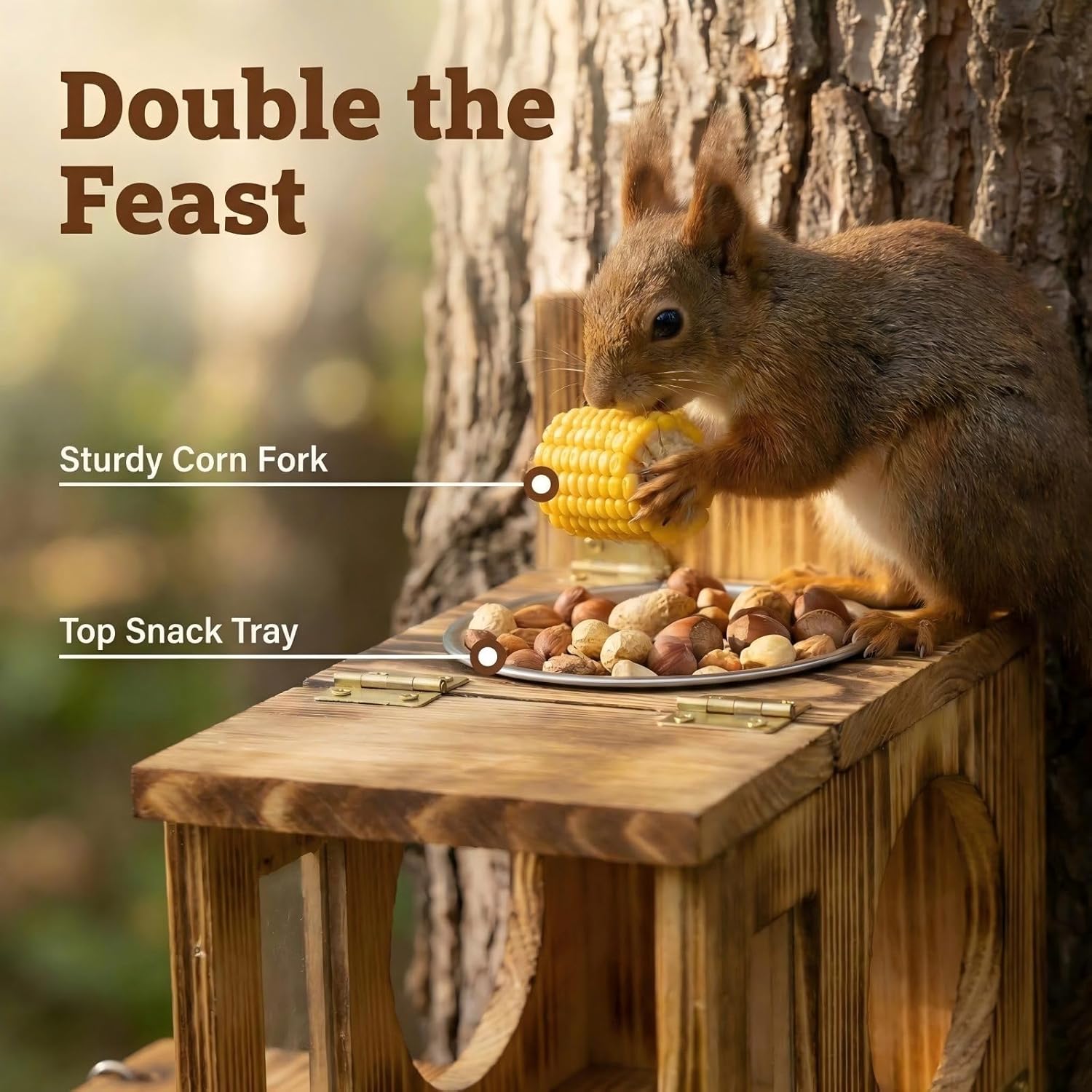 Squirrel House for Outside with Food Storage Box, Wooden Squirrels Nes