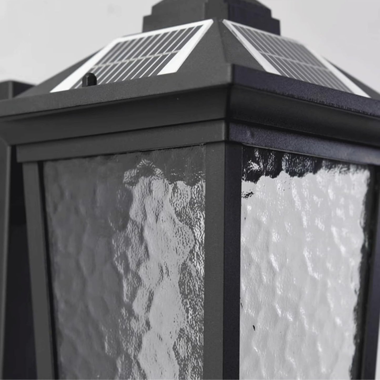 Solar Wall Sconce, Exterior Wall Lantern, Wall Light, Dusk to Dawn with Remote, Black Aluminum and Ripple Glass for Porch Patio Garden Garage Yard Fence Villa Entryway Gate Cottage