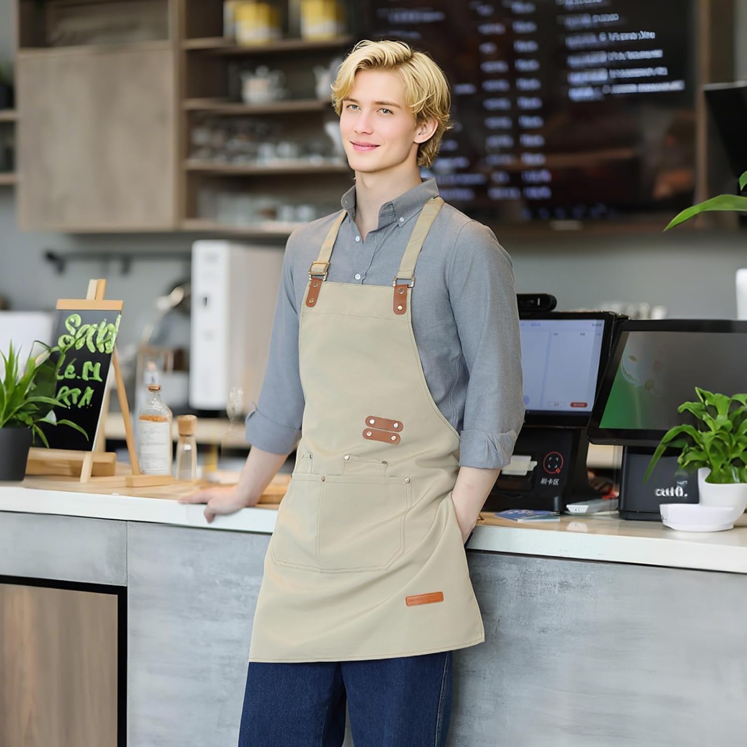 Chef Apron for Men Women with Pockets Adjustable Strap, Water Repellen