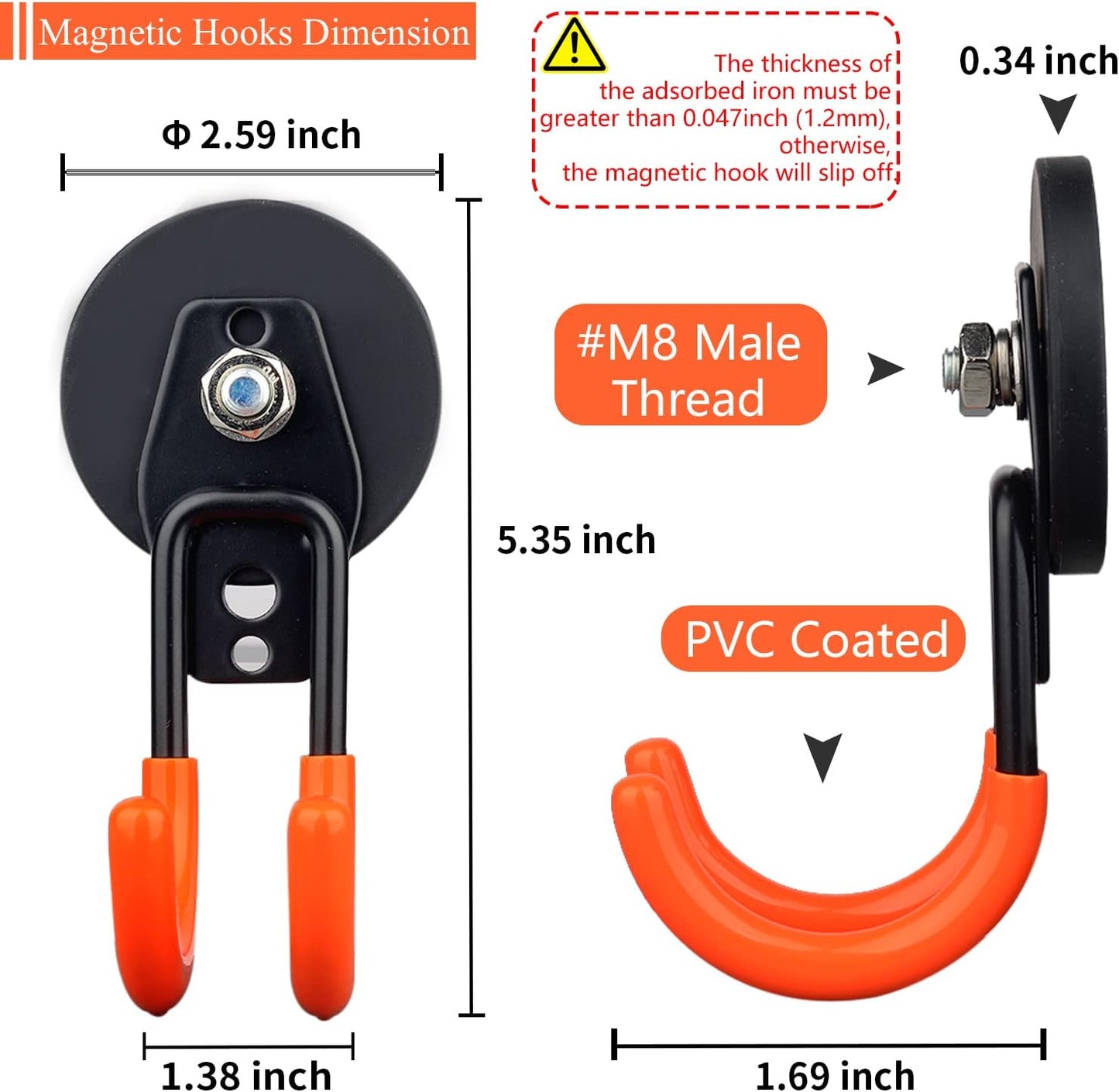 MUTUACTOR Magnetic Hooks Heavy Duty,Strong Anti-Slip Rubber Coated Magnet with Double Garage Hooks,Sturdy Utility Storage Hooks for Workbench Pegboard Garden Hose Toolbox(2PCS,J-Shape,Orange)