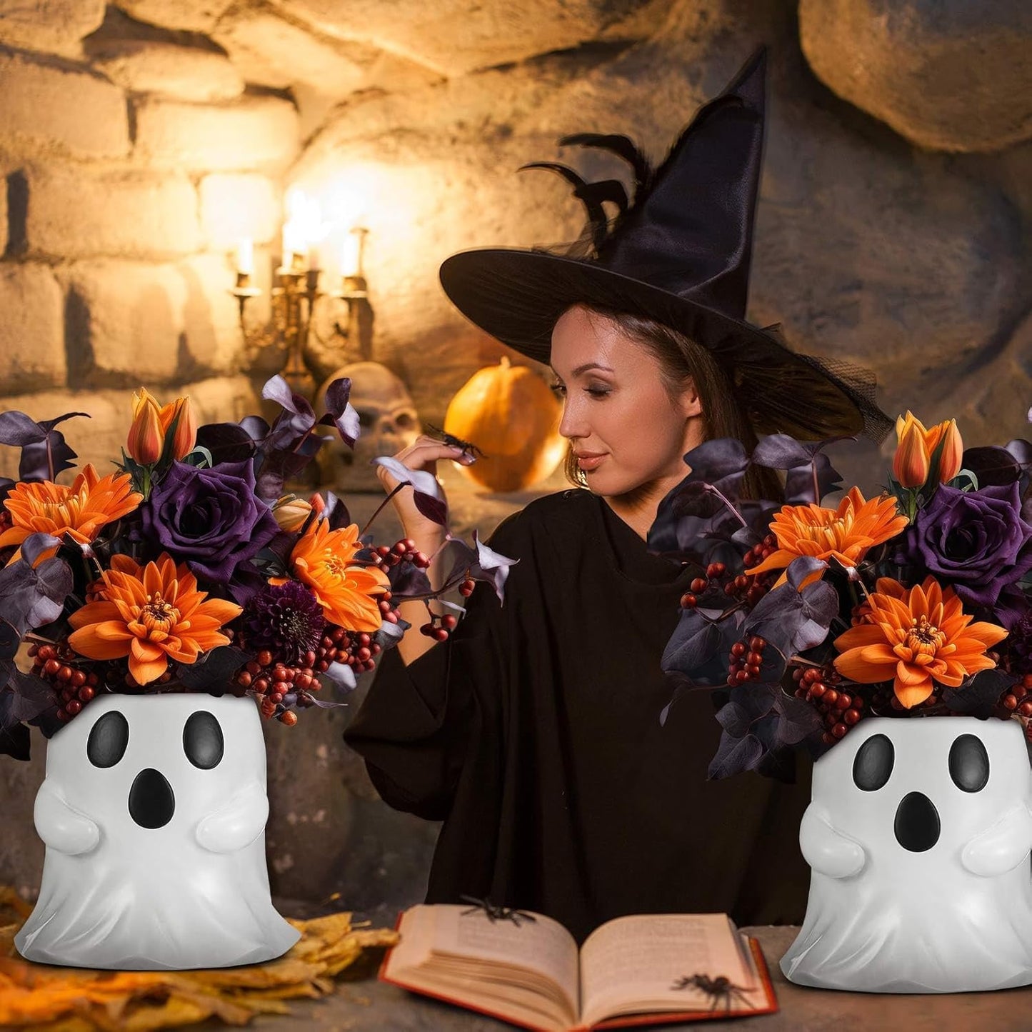 2 Pcs Ghost Bucket Decor 6 Inch Halloween Ghost Planter Vase Decor with Cute Design Candy Bucket Candy Bowl for Halloween Indoor Outdoor Home Display Stand Decoration