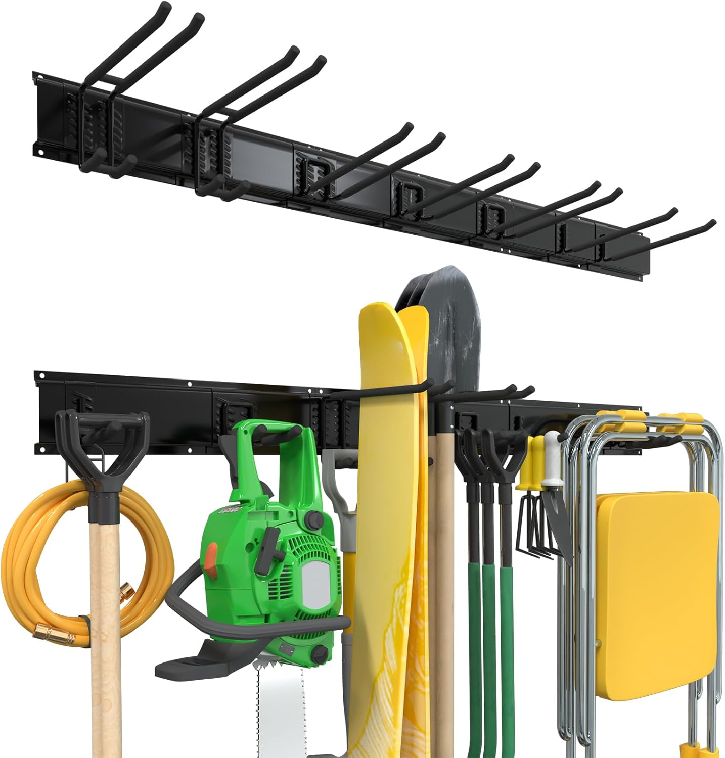 Garage Wall Organizers, 48'' Yard Tool Organizer Wall Mount with 7 Storage Hooks, Sturdy Easy Assembly Heavy Duty Garage Organization, Garden Lawn Tool Organizer for Tools, Skis, Ladders