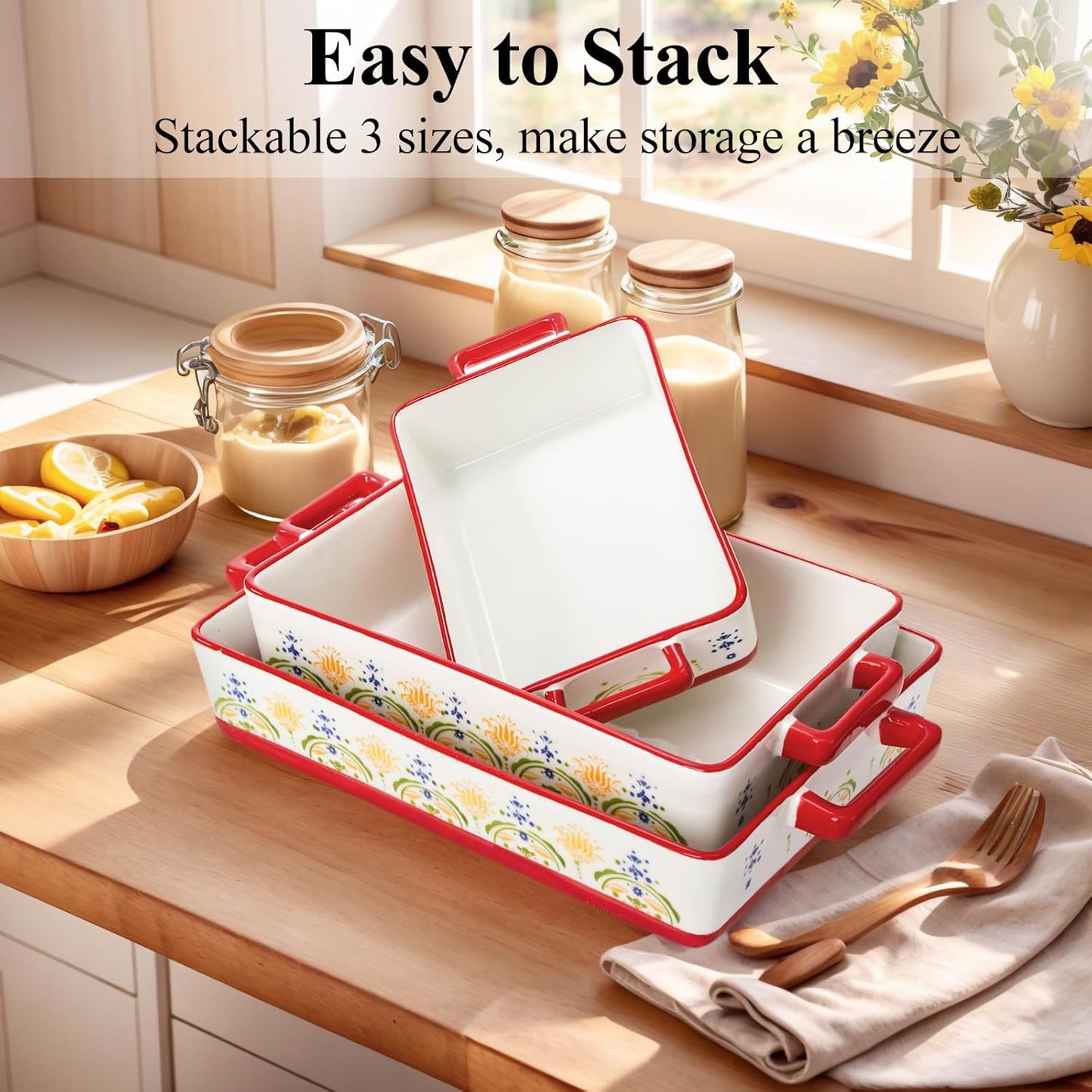 Set of 3 Ceramic Baking Dishes, Rectangular Casserole Dish for Oven, C