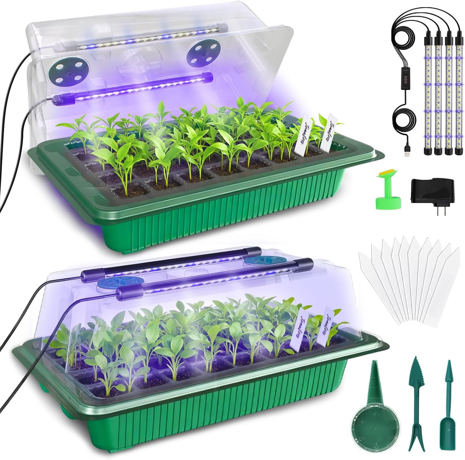 MQUPIN 80-Cell Seed Starter Tray with Grow Light, 2-Pack Adjustable Br