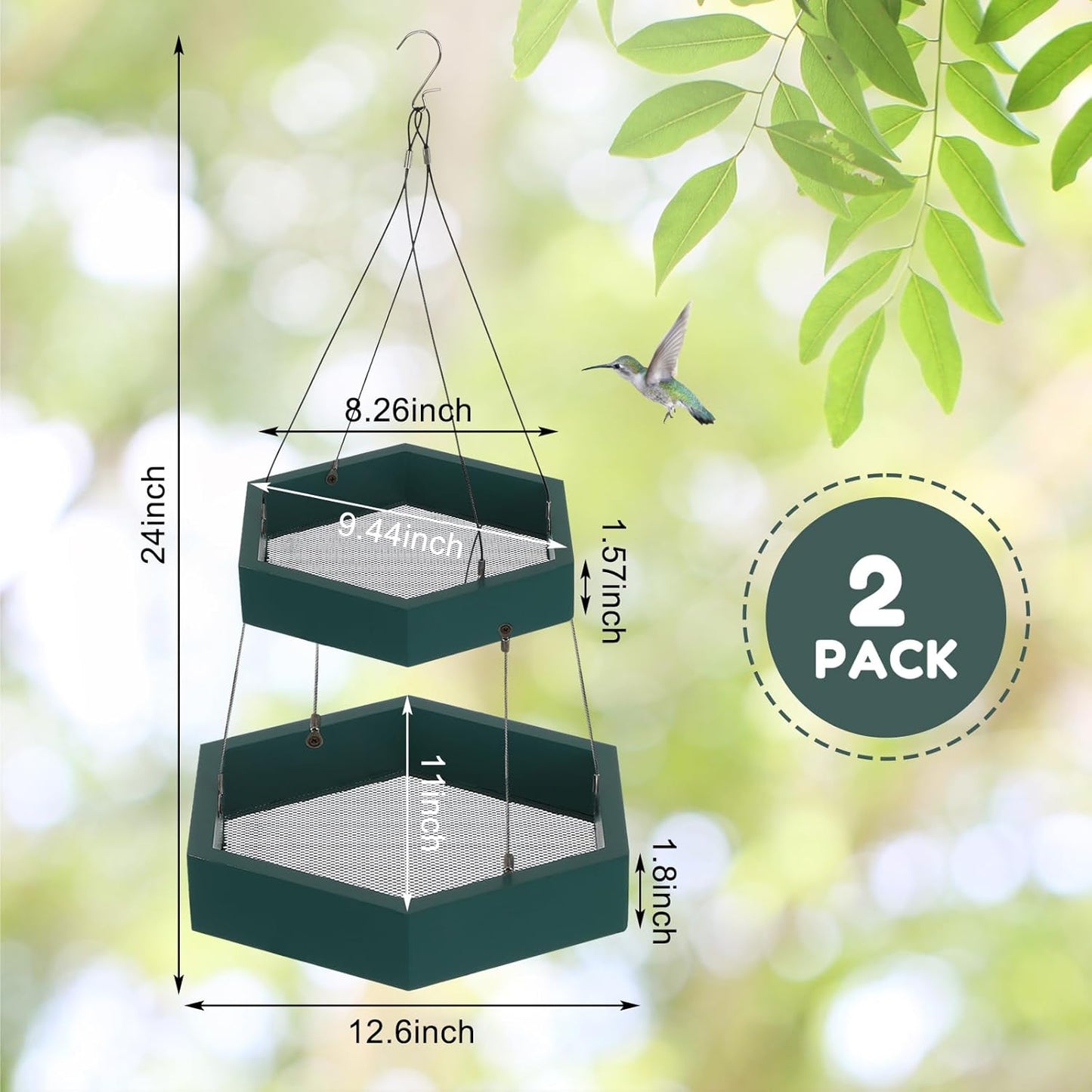2 Pack 2 Tier Large Platform Bird Feeders for Outdoors Hanging Green Pine Wood Flat Birds Feeder Tray Outdoor Wild Bird Seed Feeder and Decor, Hexagon