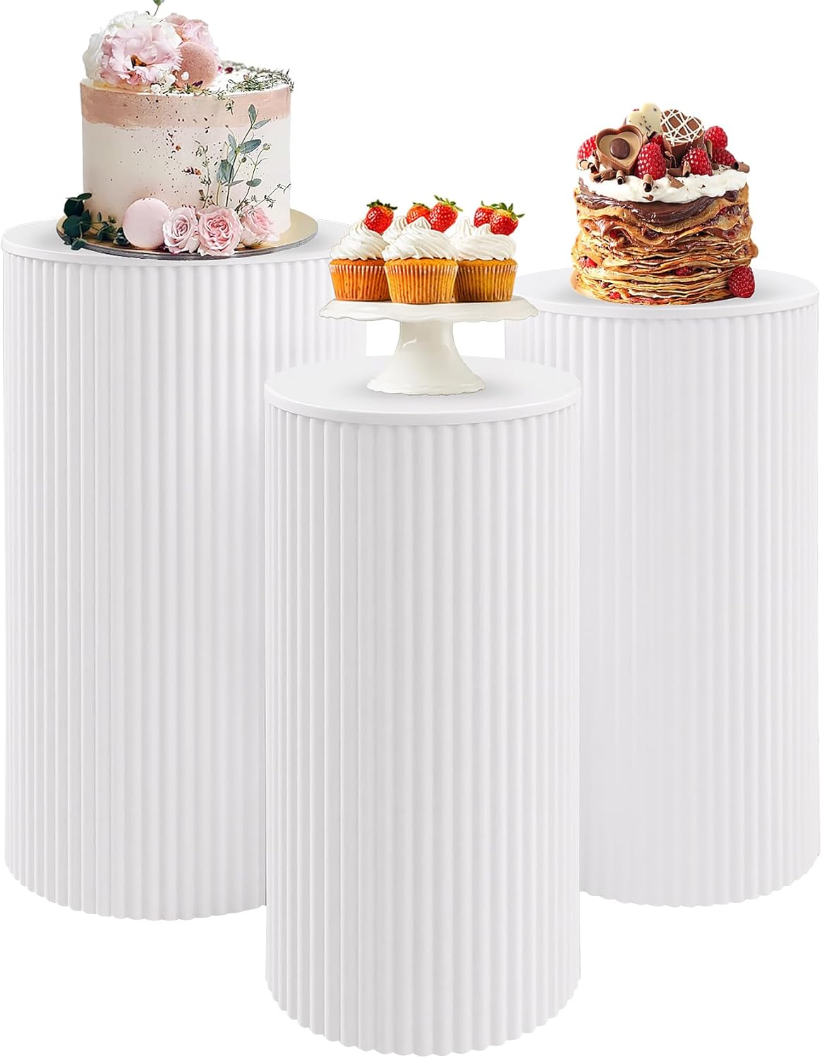 Metal Pleated Cylinder Pedestal Stands for Party, 3 Pieces Heavy Duty Round Cake Pedestal Stand Display Plinth Pillars Art Decor for Wedding Ceremony Birthday Party（Small, White）