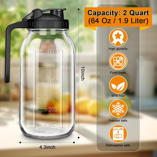 64oz Glass Pitcher with Lid, 2 Quart Mason Jar Pitchers with Lid and Spout, Wide Mouth Breast Milk Pitcher Glass Jug Sun Tea Pitchers, Cold Brew Coffee pitcher, Fridge Container for Water, Juice, Tea