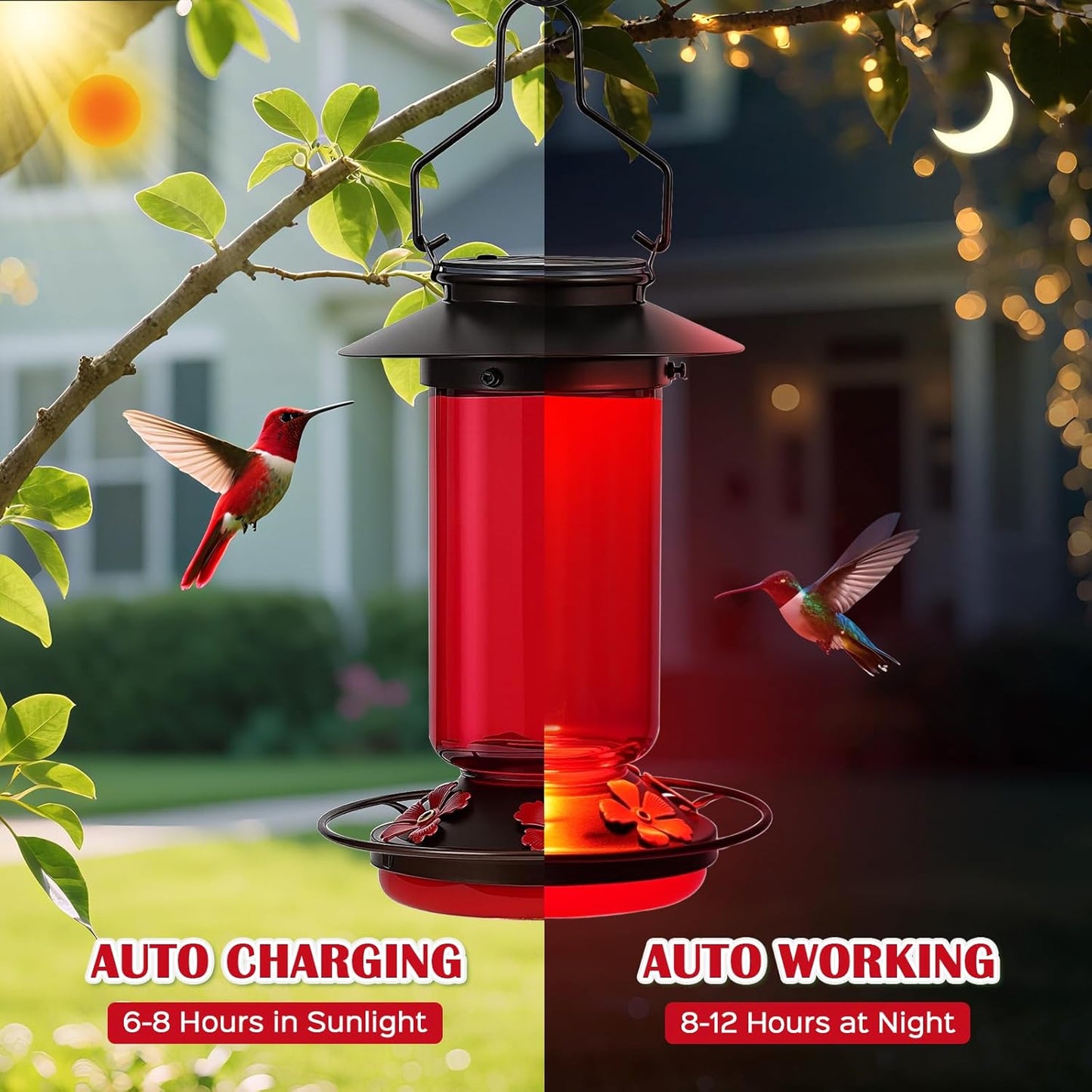 Solar Hummingbird Feeder for Outdoors Hanging Glass 21 Ounce with 5 Bee Guard Feeding Ports and Ant Moat, Leak-Proof, Red