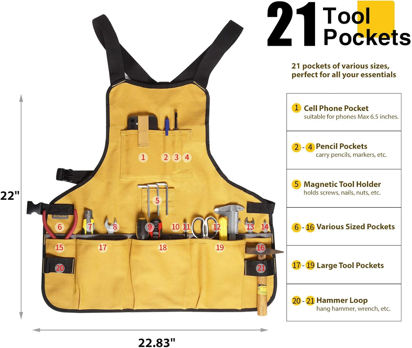 Work Tool Apron for Men and Women, Torso Length with 21 Tool Pockets, 
