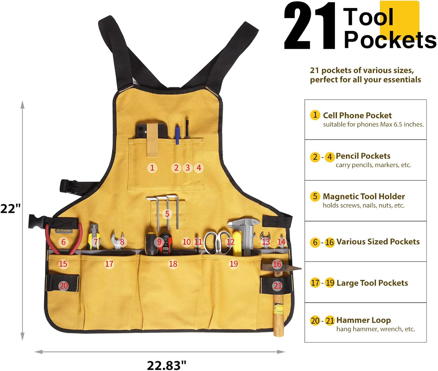 Work Tool Apron for Men and Women, Torso Length with 21 Tool Pockets, 