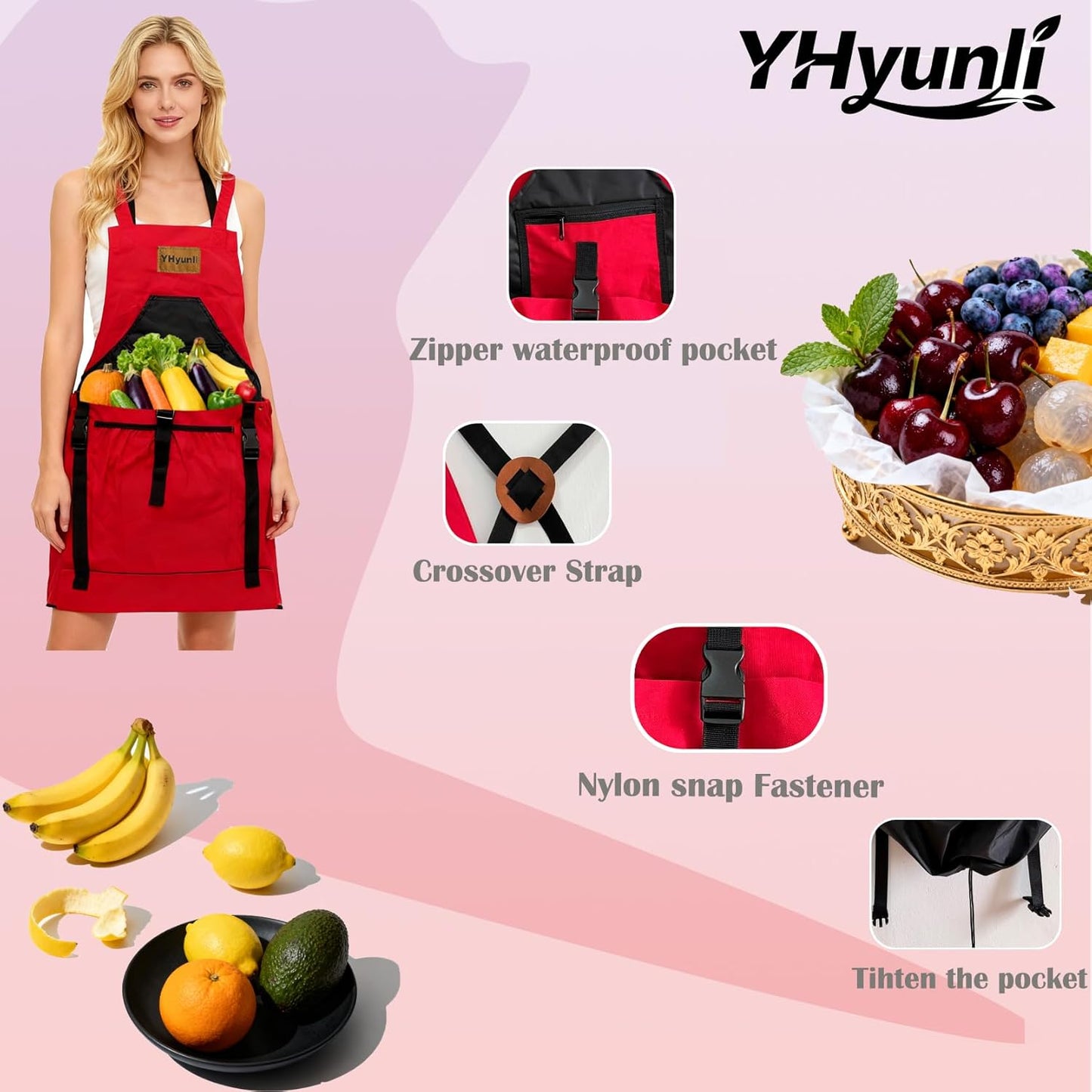 Gardening Apron, Pockets for Women & Men Cross Back Gardening Apron integrated extended drawstring pouch, Great Gift