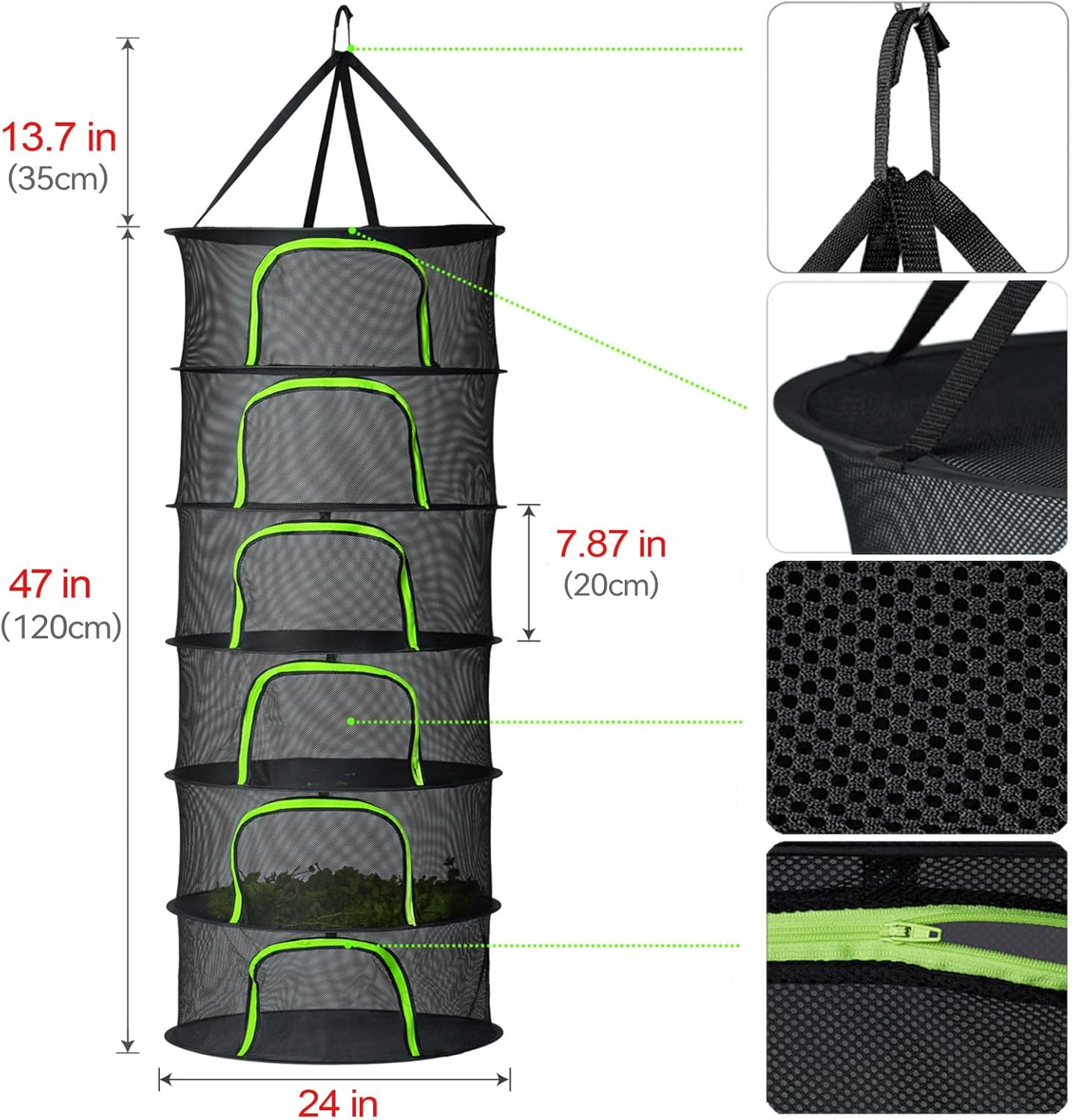 6 Layer Herb Drying Rack, Hanging Mesh Net, Foldable Plant Drying Rack with U-Shaped Double-Headed Zipper, Garden Shears & S Hooks, for Herbs, Plants, Fruits, Seafood, Clothing(23.62''W)