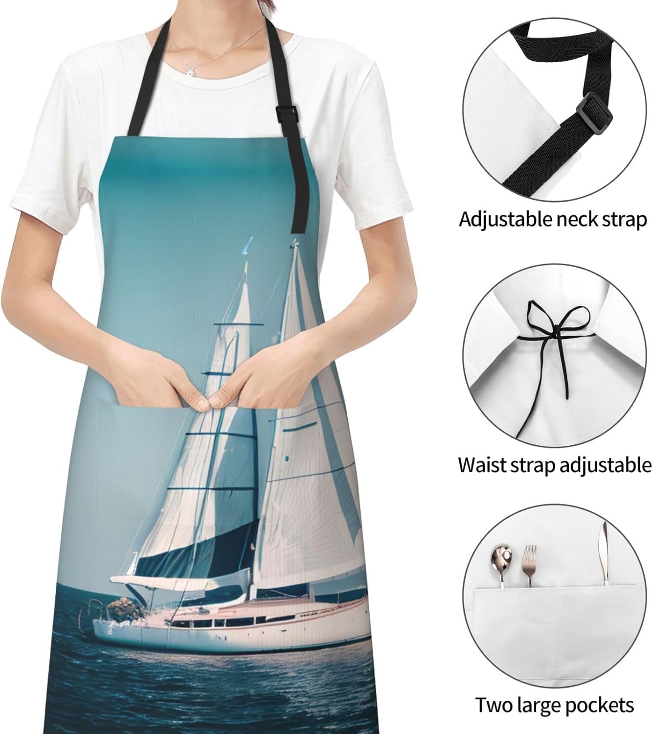 Sailboat Ship Landscape print Waterproof chef's apron with pocket apron for kitchen cooking baking barbecue and gardening