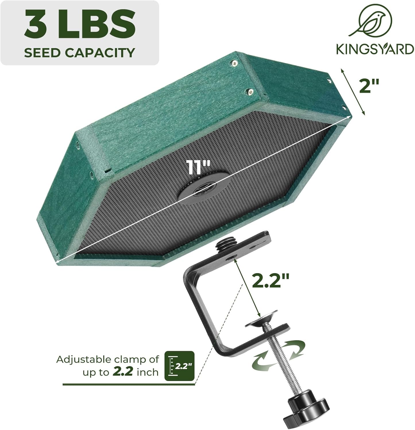 Kingsyard Clamp-On Deck Bird Feeder 11in Hexagon, Adjustable Balcony R