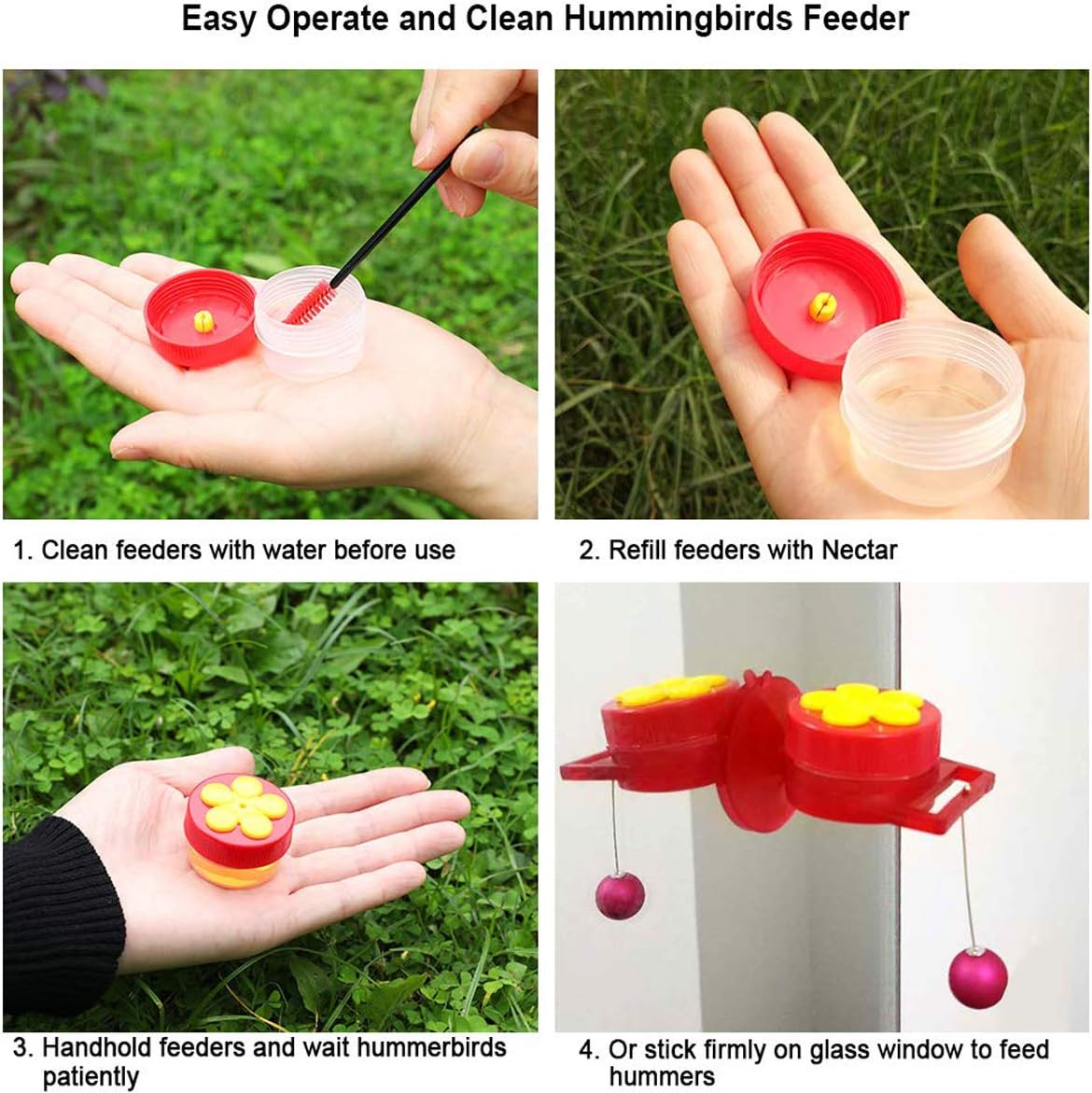 Naomo Handheld Hummingbird Feeders, Hand Feeders Suction Cup with Perches for Outdoors, Multifunctional Kit Includes Cleaning Brush (2 Pack)