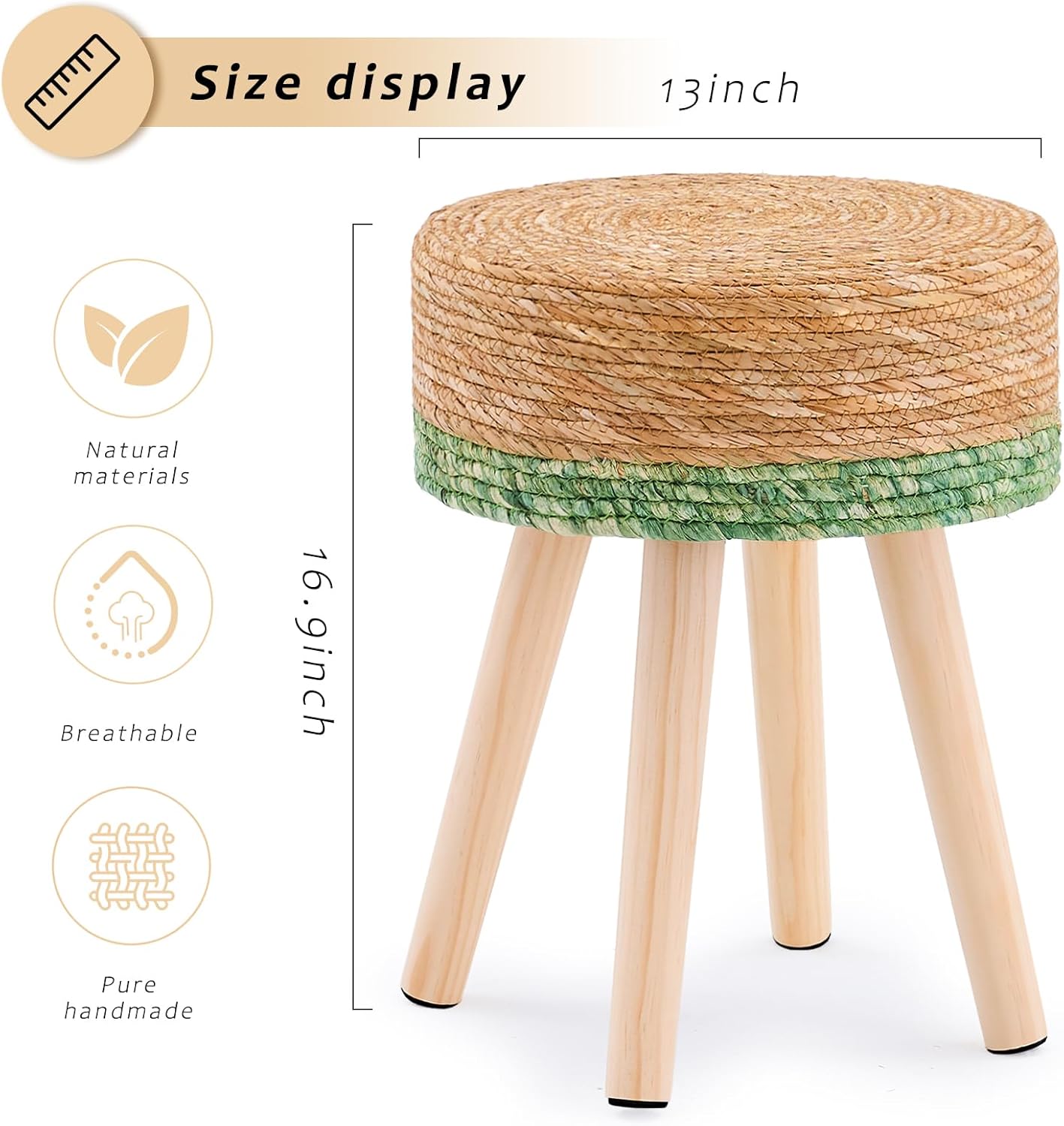 Handwoven Outdoor Ottoman, Water Hyacinth Pouf Round Patio Footstool w