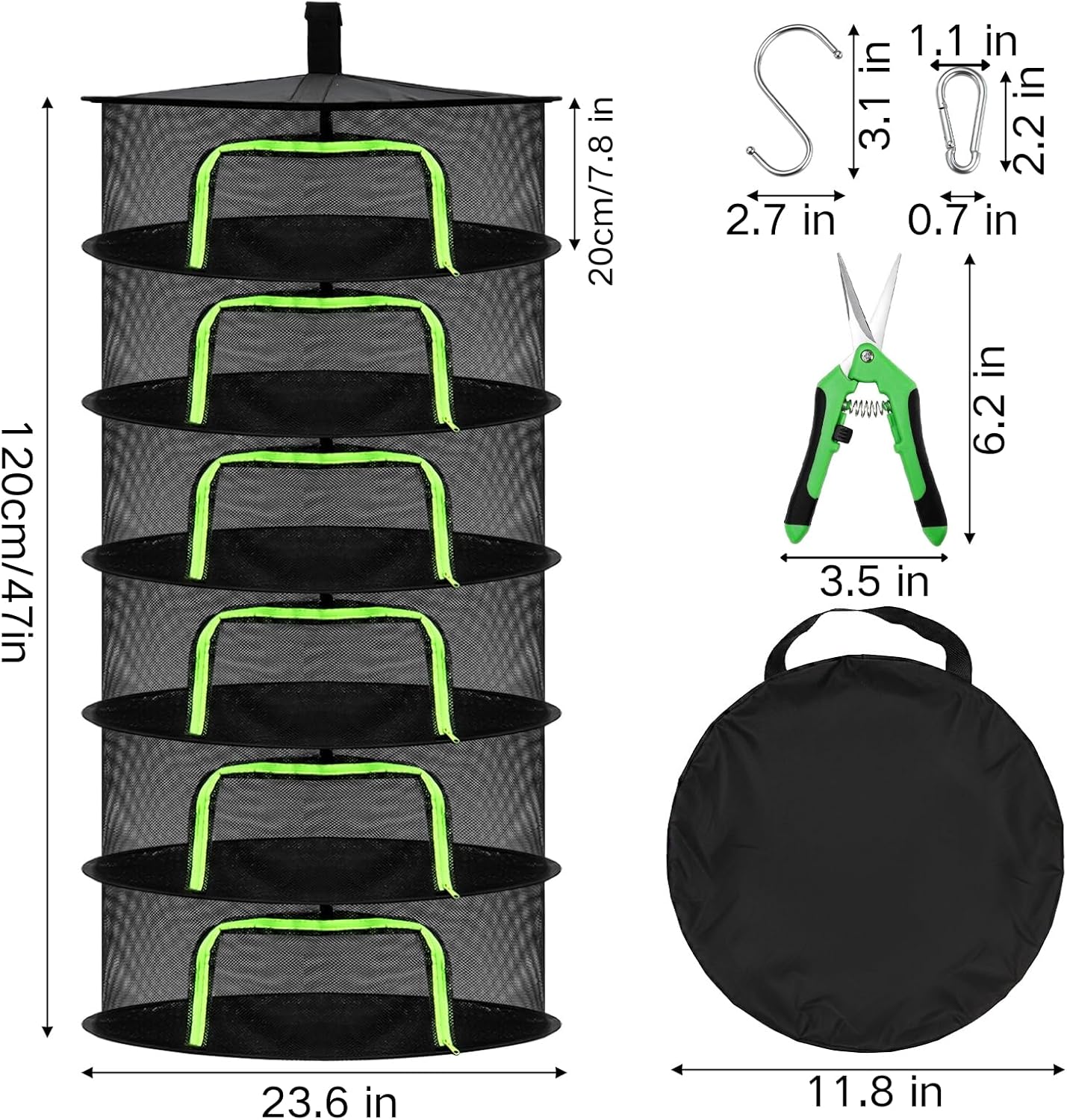 Coloch 6 Layer Herb Drying Rack with Zipper, Foldable Food Drying Net Collapsible Hanging Seed Drying Mesh with Garden Shear, Hook, Bag, for Plant, Seed, Bud, Fruit, Food, 23.6”x47”