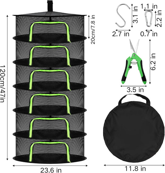 Coloch 6 Layer Herb Drying Rack with Zipper, Foldable Food Drying Net Collapsible Hanging Seed Drying Mesh with Garden Shear, Hook, Bag, for Plant, Seed, Bud, Fruit, Food, 23.6”x47”