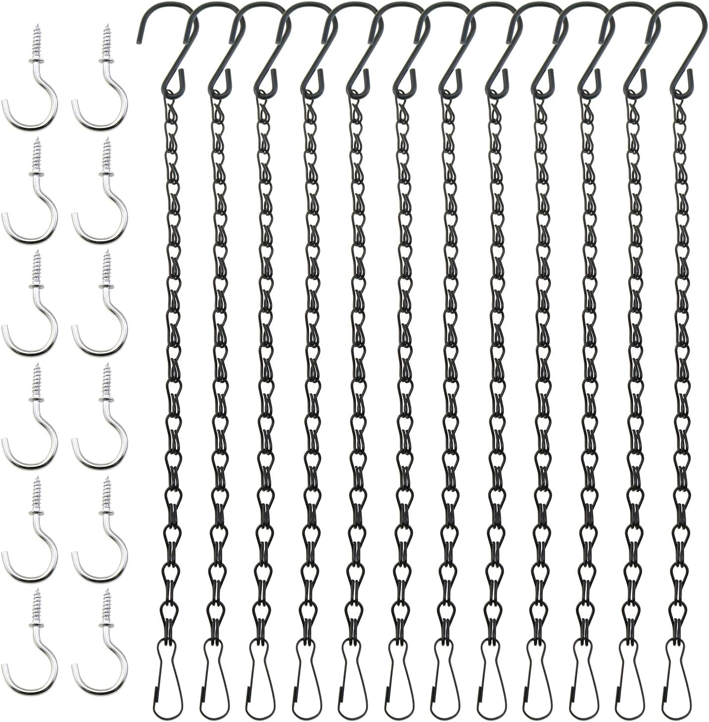 12-Piece Set of 9.5-Inch Black Hanging Chains with 12 Ceiling Hooks, Garden Plant Hangers for Hanging Bird Feeders, Signboards, Chalkboards, Baskets, Flower Pots, Lanterns, Wind Chimes