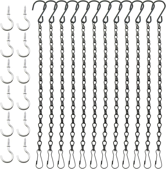 12-Piece Set of 9.5-Inch Black Hanging Chains with 12 Ceiling Hooks, Garden Plant Hangers for Hanging Bird Feeders, Signboards, Chalkboards, Baskets, Flower Pots, Lanterns, Wind Chimes