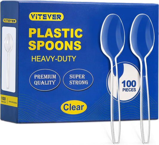 [100 Count] Clear Plastic Spoons Heavy Duty, Premium Disposable Spoons