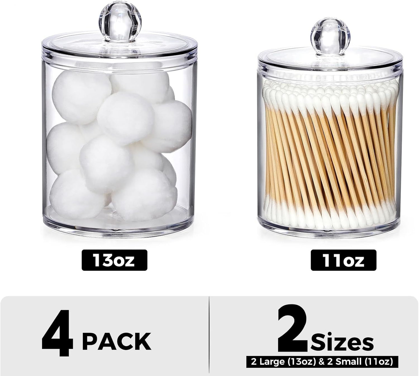 4 Pack Acrylic Qtip Holder Dispenser for Cotton Swabs, Balls, Pads, Floss Picks- Small Clear Acrylic Canister Apothecary Jar Set, Bathroom Essentials Accessories Decor, Vanity Makeup Storage Organizer