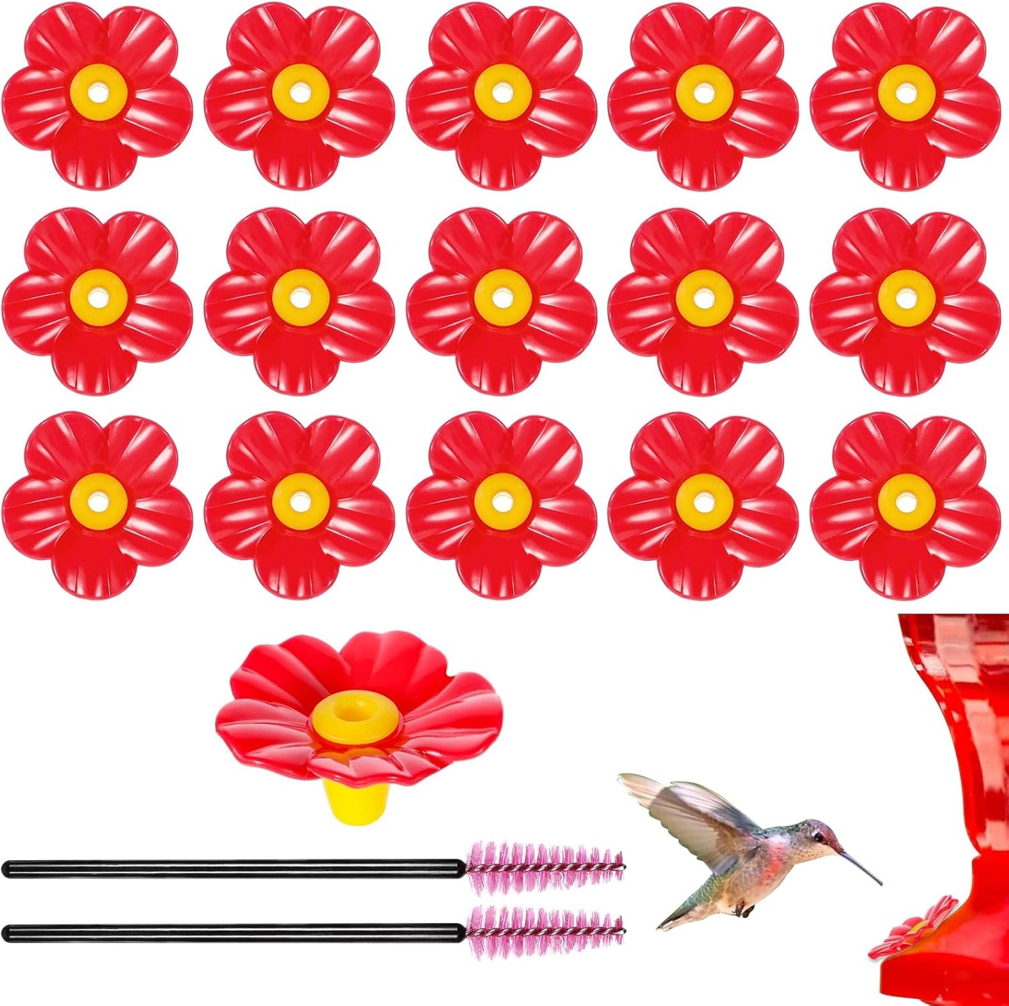 20 Pieces Red Hummingbird Feeders Replacement Flowers with 2 Cleaning Brush Pet Replacement Bird Feeder Replacement Parts Feeding Ports Bee Guards for Hummingbird Feeders for Outdoors Hanging Feeder