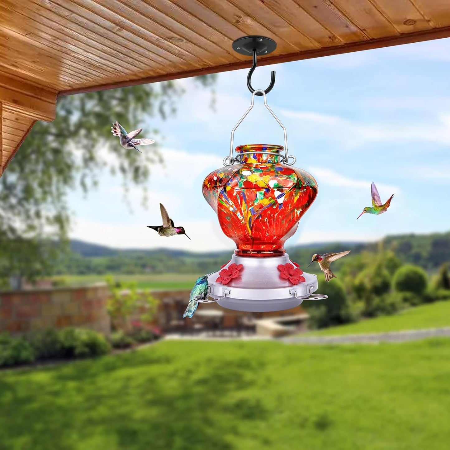 Hummingbird Feeder for Outdoors with Ant Moat, Hummingbird Feeder, Hand Blown Glass, 4 Bee Guard Feeding Ports with Perch, Outdoor Garden Décor, 16OZ, Red, Gifts for Mom Wife Dad Men Women
