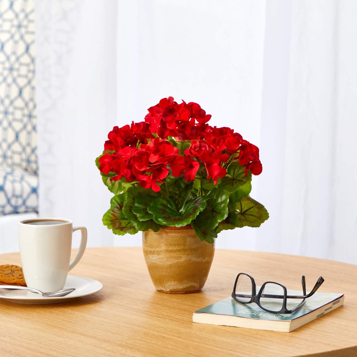Nearly Natural 11in. Geranium Artificial Plant in Ceramic Planter UV Resistant (Indoor/Outdoor)