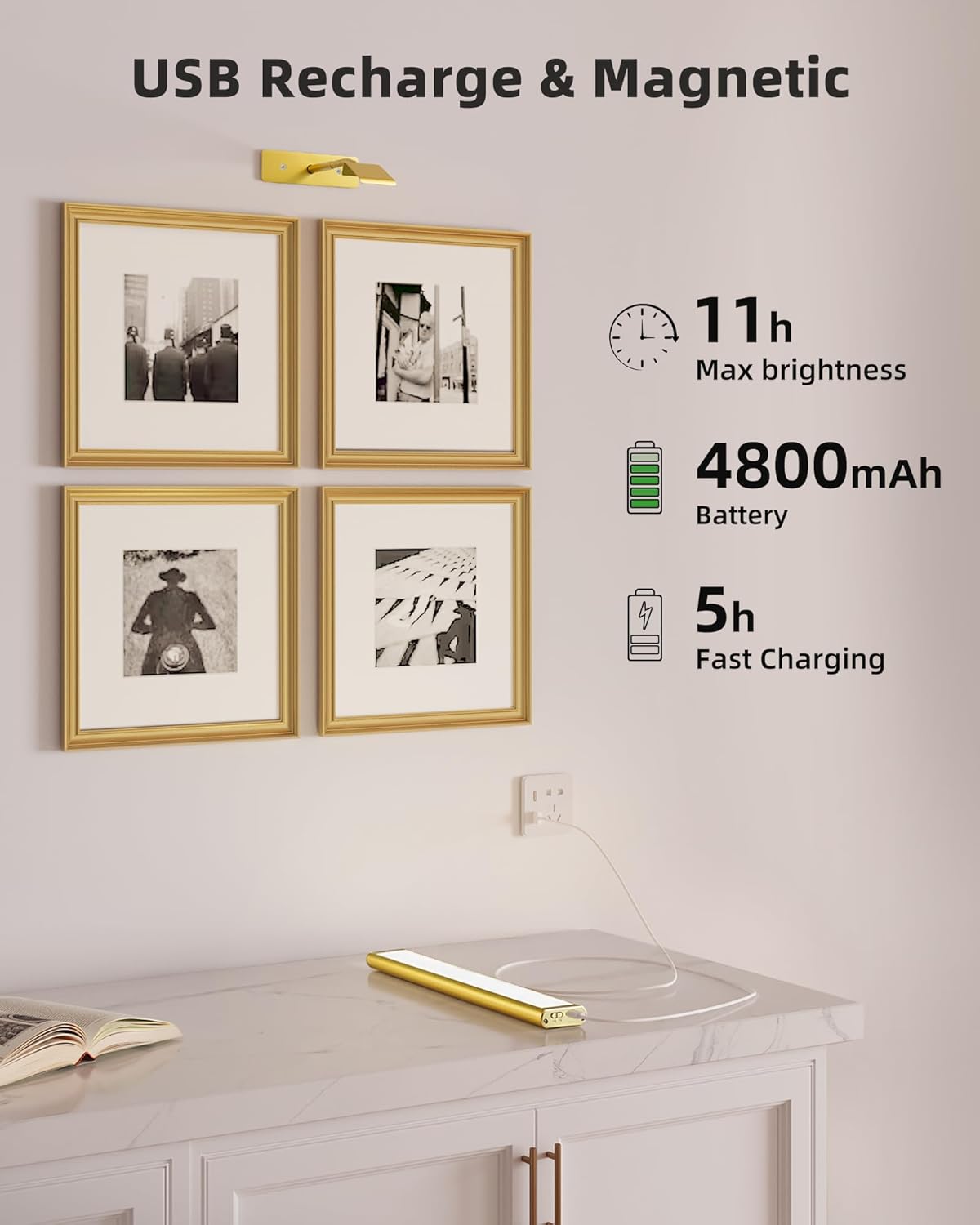 EZVALO Picture Light for Wall, 4800mAh Rechargeable Wireless Lights, 16'' Dimmable with IR Remote Magnetic LED Art Painting Light with 3 Color Temps, Display for Gallery, Living Room, Bedroom(Gold)