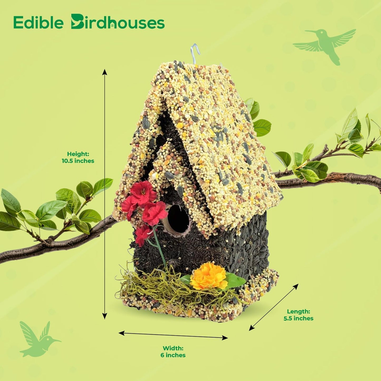 Edible Birdhouse - Birdseed Bird Feeder, Wooden Birds House Covered in Wild Bird Food, Squirrel Resistant Birds Feeders for Outside Hanging, Watching Gift for Garden Lovers, (TL)
