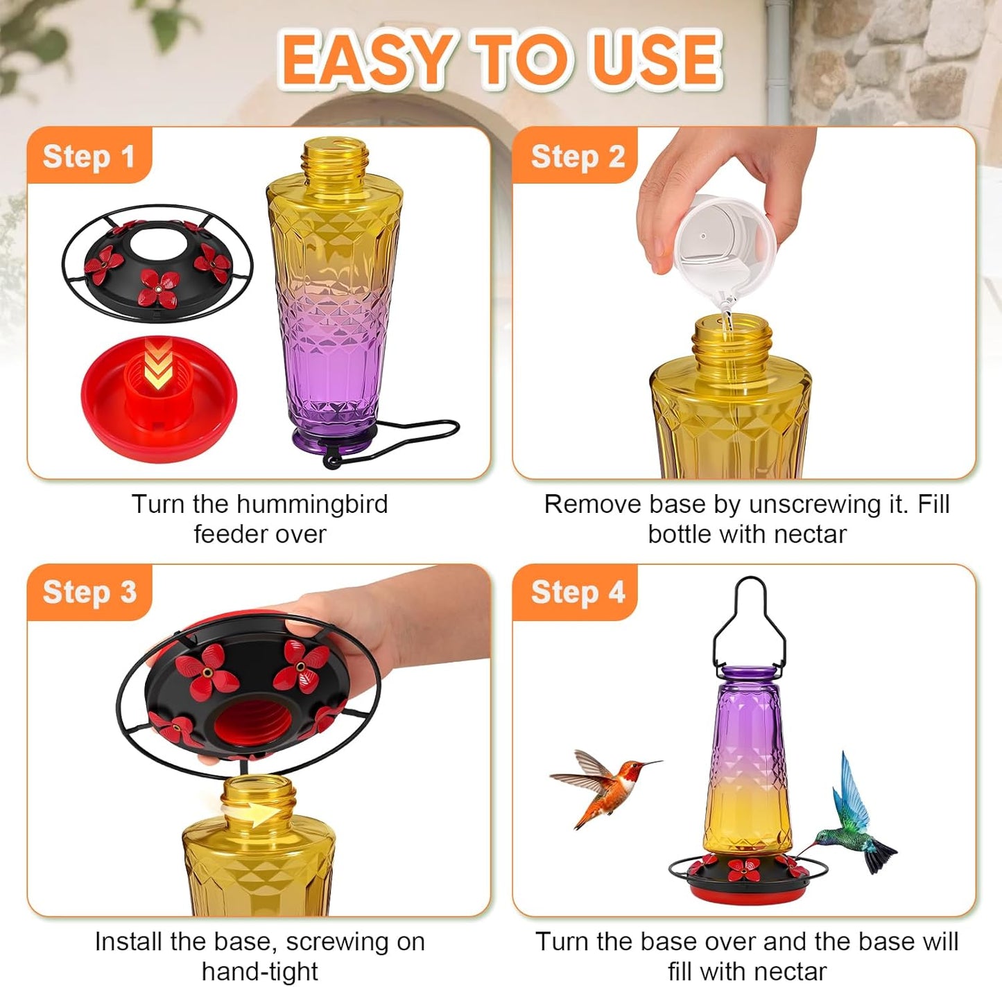 Hummingbird Feeders for Outdoors Hanging, Glass Nectar Feeder with Ant Moat and 5 Bee Guard Feeding Ports, Leak Proof, 21 Ounces, Red (Purple)