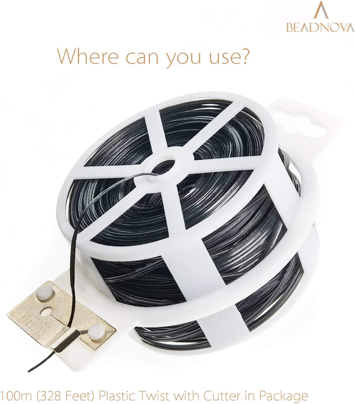 BEADNOVA Twist Tie 328 Feet (100m) Bread Ties Gardening Ties Black Plant Ties Multipurpose Plastic Coated Plant Twist Tie with Cutter for Potted Plants Garden Office and Home