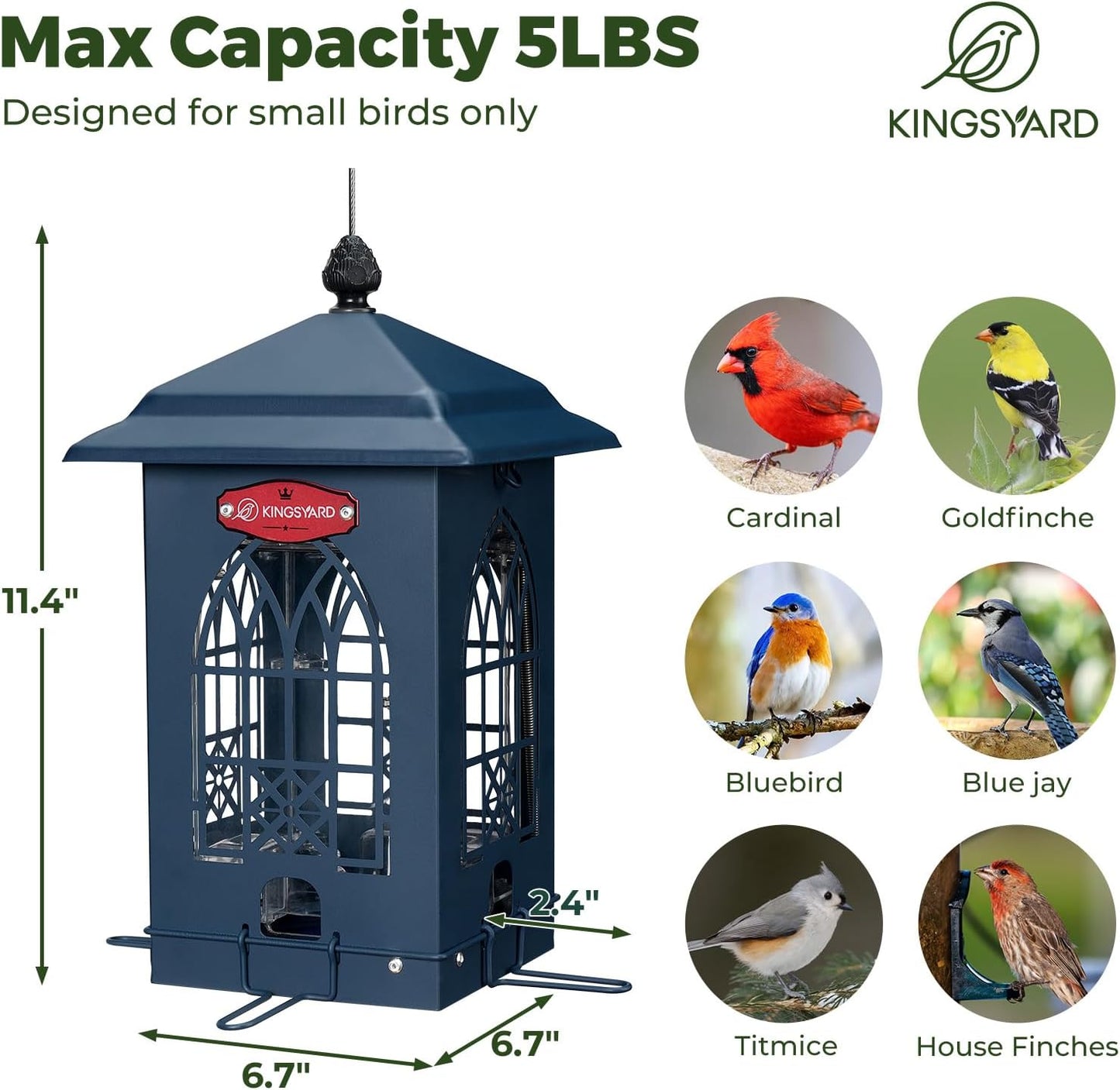 Kingsyard Squirrel Proof Bird Feeders for Outdoors with Weight-Activated Perches, 5 Lbs Capacity Large Metal Bird Feeder House for Small Wildbirds Cardinal Finch Bluebird, Weatherproof, Blue