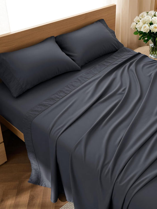 Bedsure Queen Sheet Set - 4 Pieces Soft Queen Size Sheets - Breathable & Cooling - Hotel Luxury - Easy Care Polyester Microfiber Bedding for Women, Men, Dark Grey