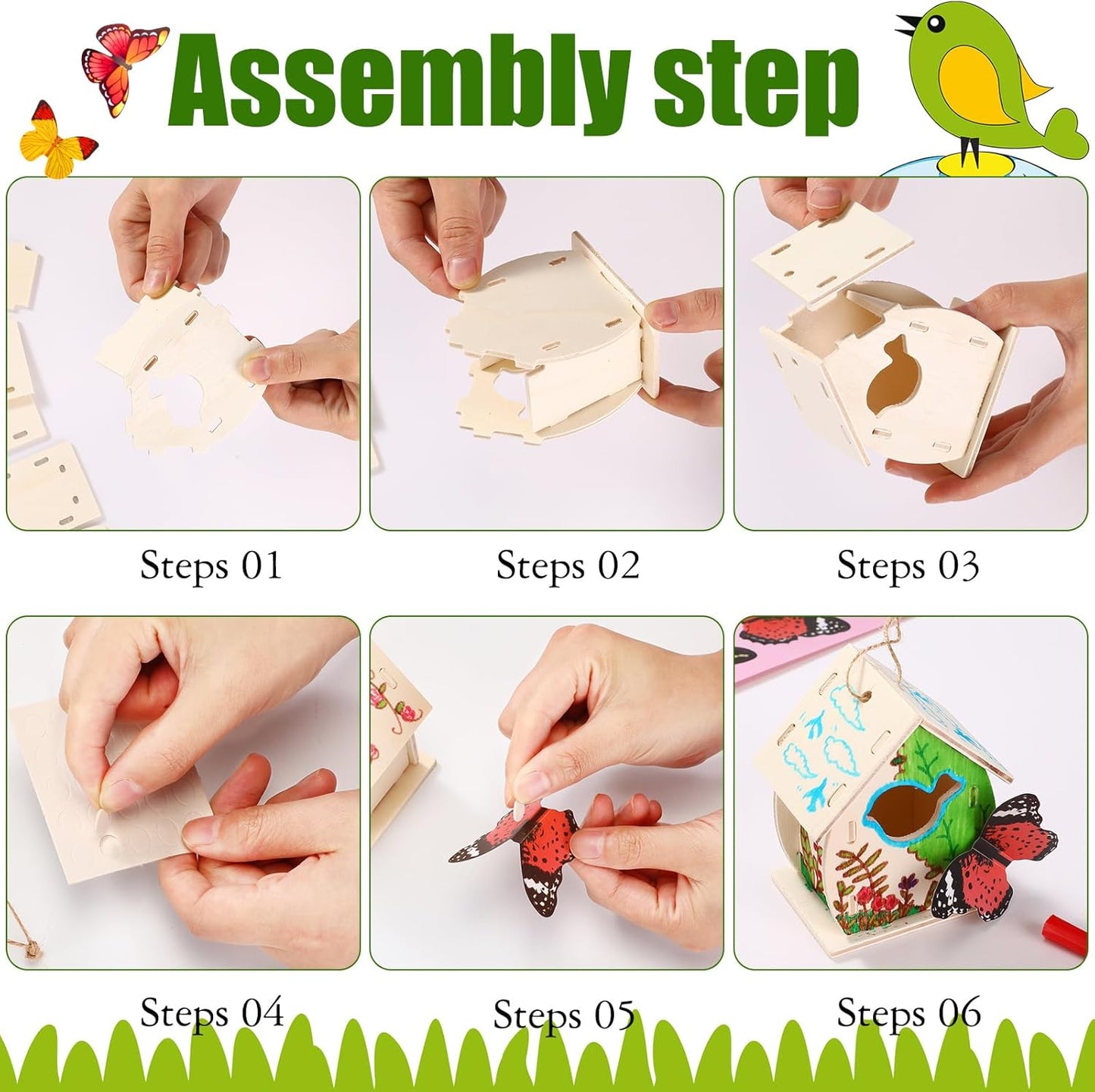 Outus 12 Pcs Wooden Birdhouse Craft Kits to Build, 4 Shapes Wooden Unfinished Bird House with Butterfly Sticker for and Arts Crafts Bulk Painting Kits(Lovely Style,3.6×4 Inch)