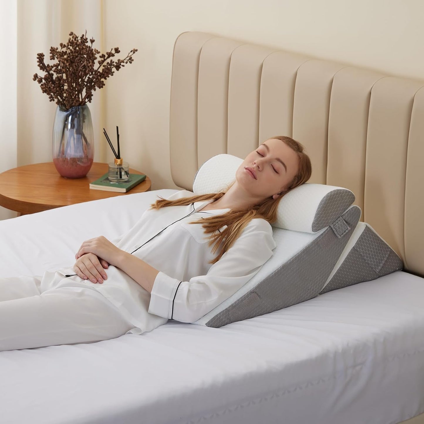 Bedluxe Wedge Pillow Headboard, 3PCS Orthopedic Bed Wedge Pillows Set for After Surgery, Adjustable Pillow Wedge for Acid Reflux&Back Pain Relief, Sleeping, Back Pillow for Bed Sitting Up, White/Grey