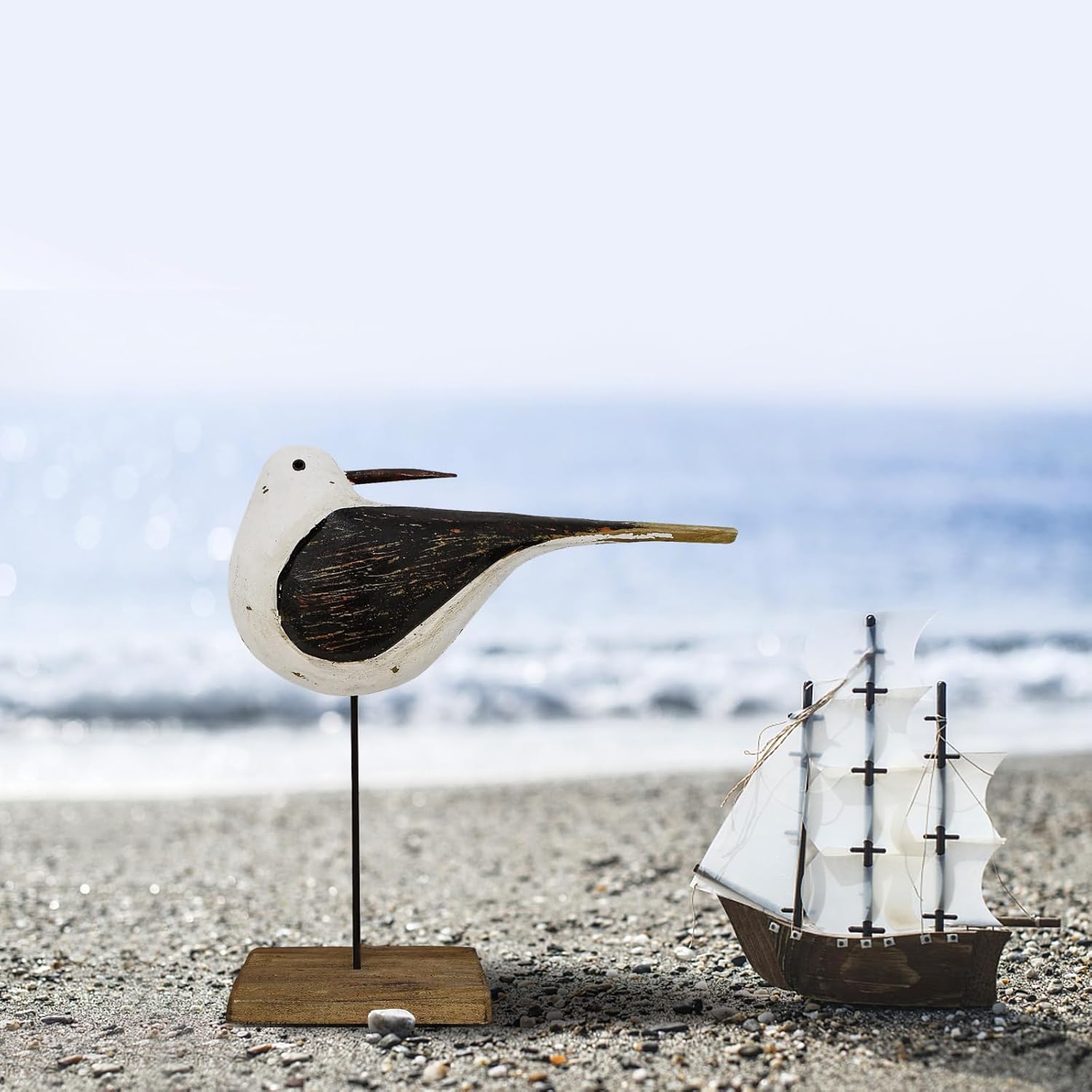 Aecipl Wooden Sea Bird Statue Seagull On Stand Decor Nautical Coastal 